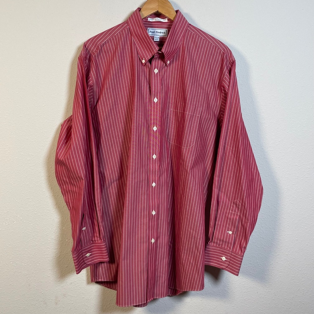 Paul Fredrick Dress Shirt Mens 17.5 35 Red Pinstripe Non-Iron Trim Fit Pinpoint